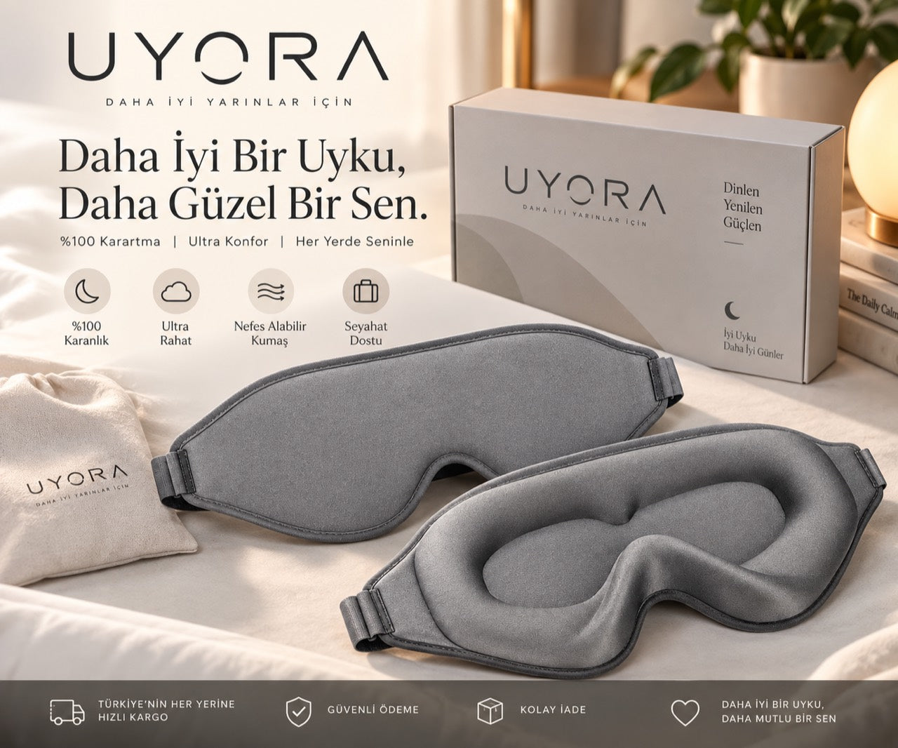 UYORA gri 3D uyku maskesi ve paket içeriği
