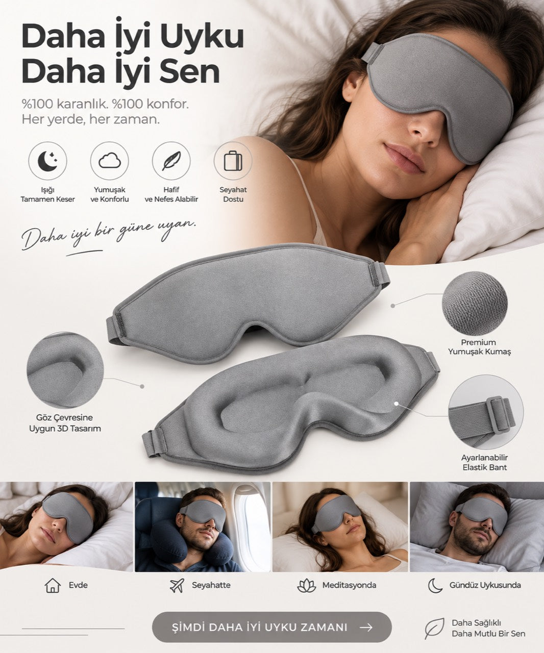 Gri UYORA 3D uyku maskesinin konfor özellikleri ve kullanım alanları