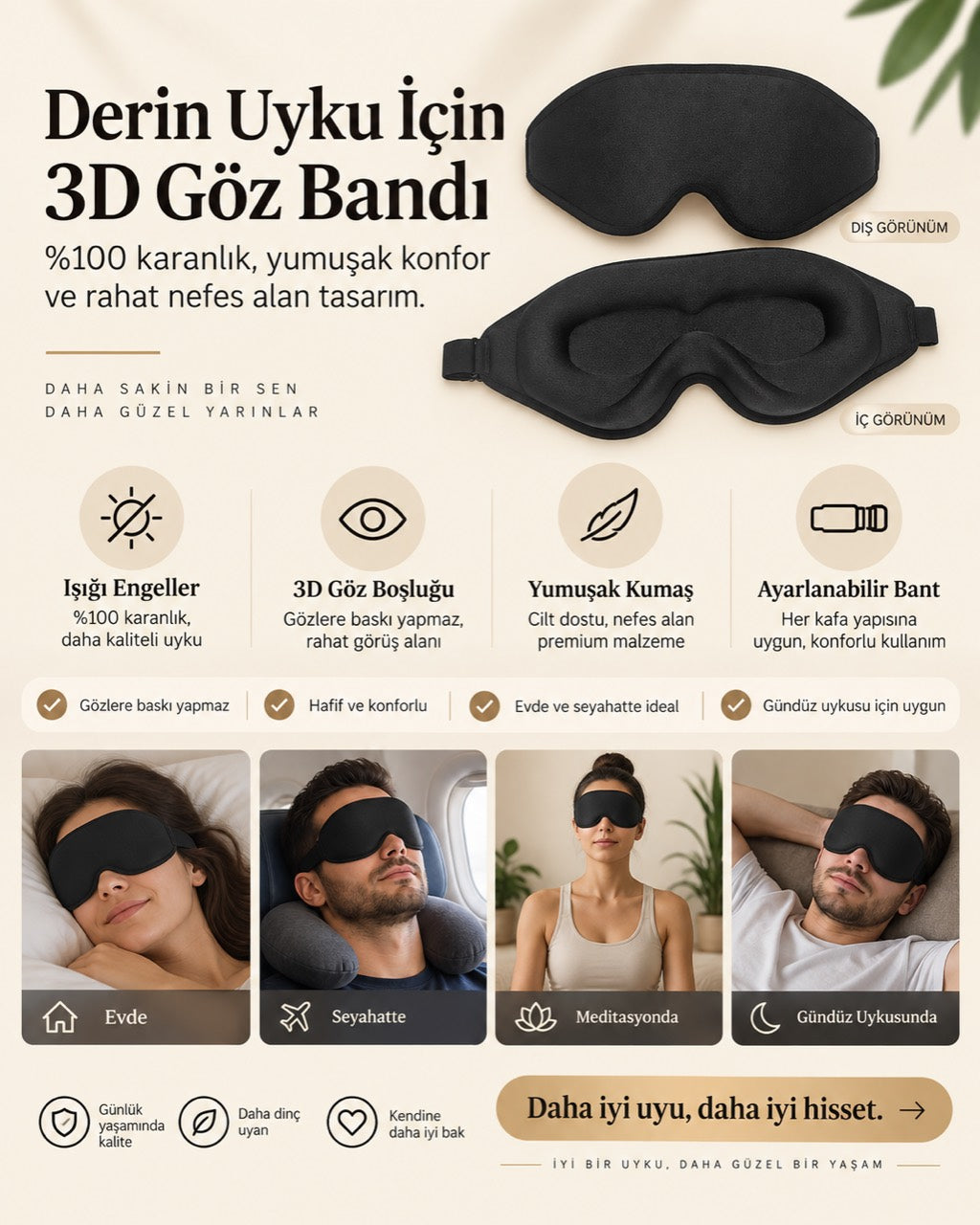 Siyah UYORA 3D uyku maskesinin özellikleri ve kullanım alanları