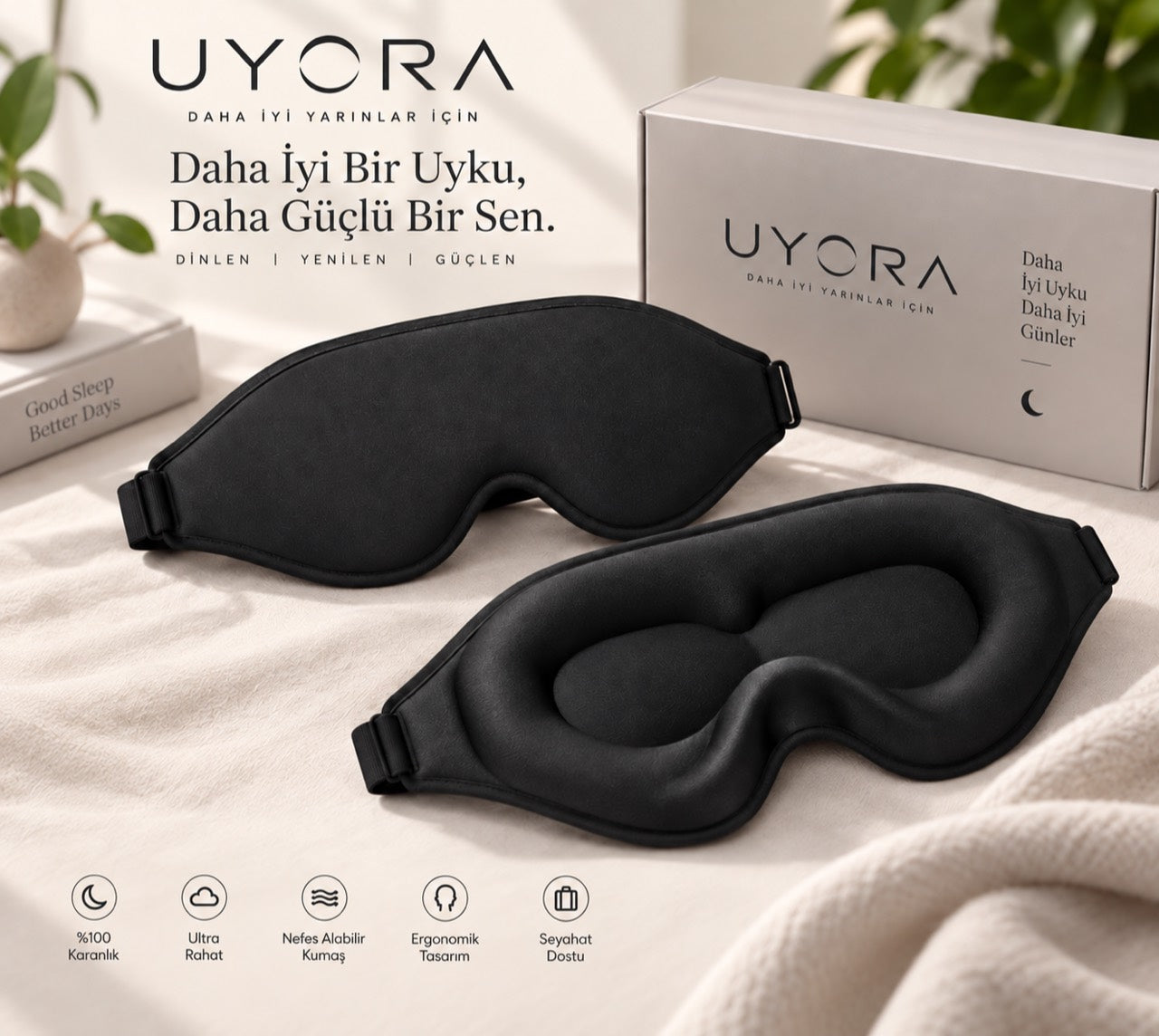 UYORA siyah 3D uyku maskesi, kutusu ve ürün özellikleri